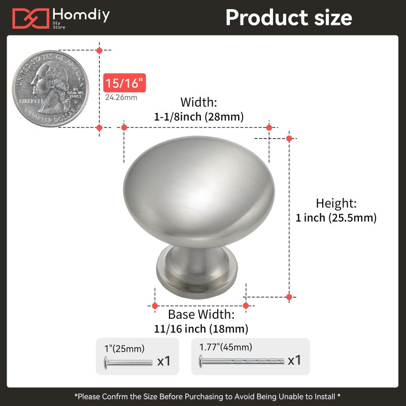 homdiy 10 Pack Brushed Nickel Cabinet Knobs, Single Hole Dresser Pulls, Satin Nickel Knobs, Drawer Knobs, Silver Hardware for Door, Kitchen and Drawer - Image 2